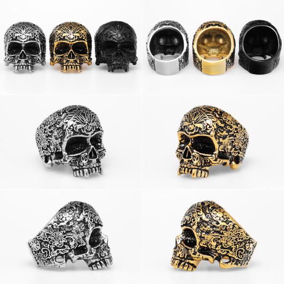 Mens Vintage Vampire 316L Stainless Steel Street Wear Carved Skull Rings