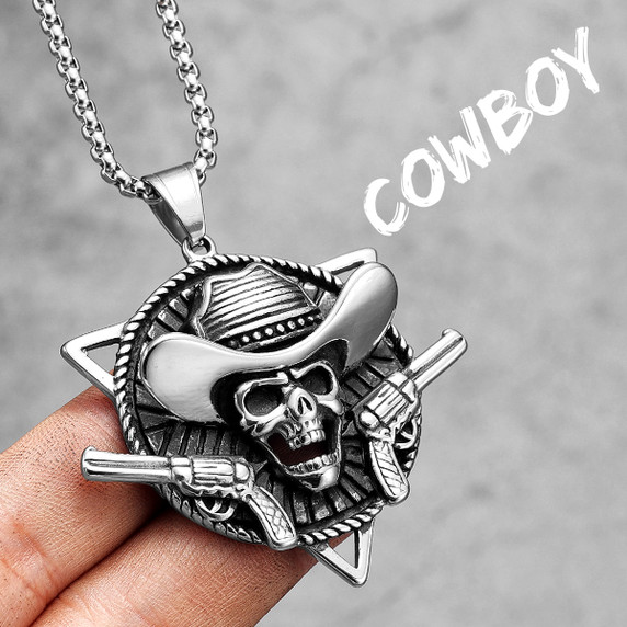 Mens Hip Hop 316L No Fade Stainless Steel Skull Cowboy Pendant Chain Necklace