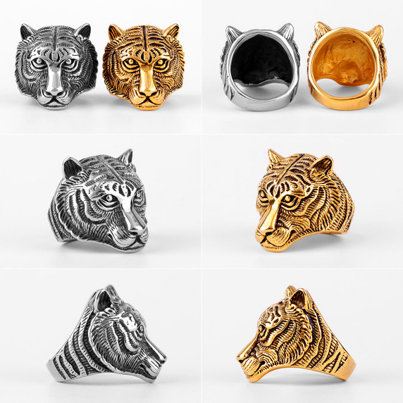 Mens Dominant Male Alpha Tiger No Fade 14k Gold Silver Stainless Steel Rings