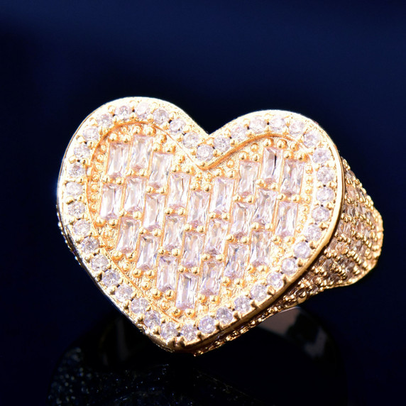 Ladies 24k Gold 925 Silver 4 Prong Baguette Heart Street Wear Casual Bling Rings