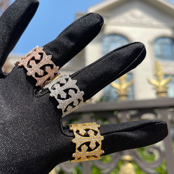 Mens Iced Blinged Out Cross Cutout 24k Rose Gold Silver Hip Hop Thick Pharaoh Rings