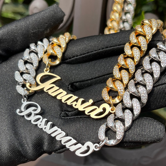 No Fade Stainless Steel Cursive Custom Name Plate Cuban Link Chain Pendant