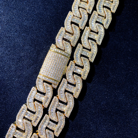 Mens Flooded Ice Designer Cut Baguette Stone 24k Gold 925 Silver Street Wear Cuban Link Chain