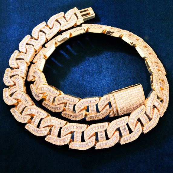 Mens Flooded Ice Designer Cut Baguette Stone 24k Gold 925 Silver Street Wear Cuban Link Chain