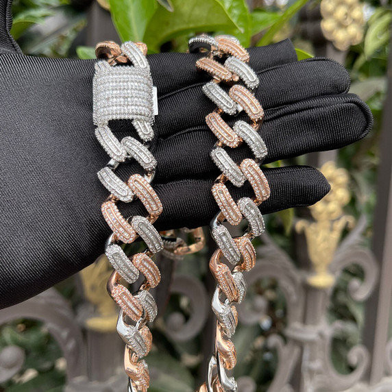 Rose Gold Iced Miami Cuban Link Hip Hop Street Wear Baguette Chain Necklaces