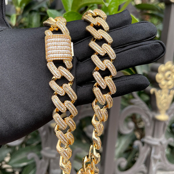 Rose Gold Iced Miami Cuban Link Hip Hop Street Wear Baguette Chain Necklaces