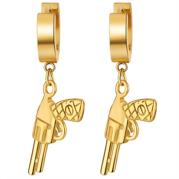 14k Gold Silver Black Over No Fade Stainless Steel Pistol Gun Hip Hop Huggie Earrings