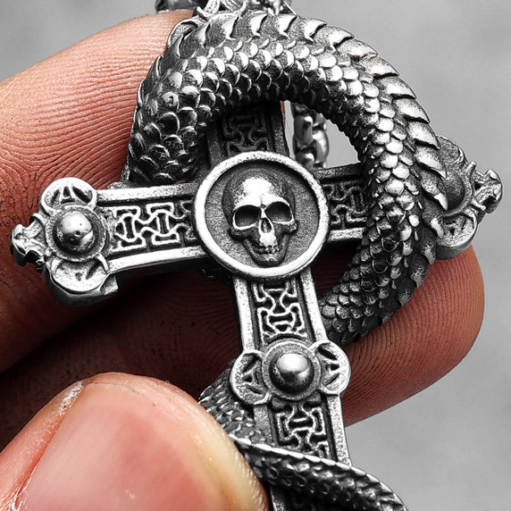 Mens Ancient Skull Head Dragon Cross Street Wear Pendant Chain Necklace