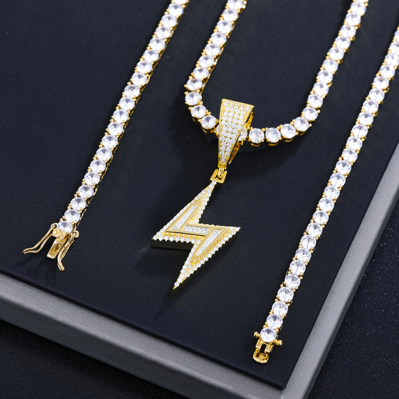 Mens VVS Genuine Diamond Moissanite Hip Hop Lightning Bolt Bling Pendant Chain Necklace