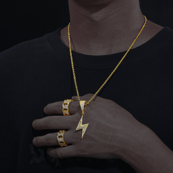 Mens VVS Genuine Diamond Moissanite Hip Hop Lightning Bolt Bling Pendant Chain Necklace