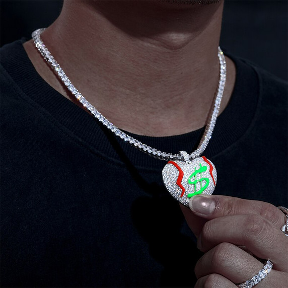 Genuine VVS Diamond Get The Money Bleeding Broke Heart Hip Hop Pendant Chain Necklace 