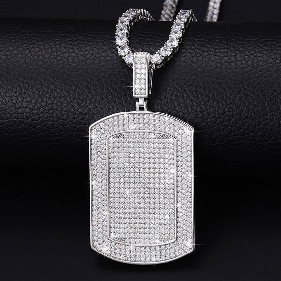 Mens VVS Geniune Lab Diamond Sterling Silver Military Style God Tag Hip Hop Chain Necklace