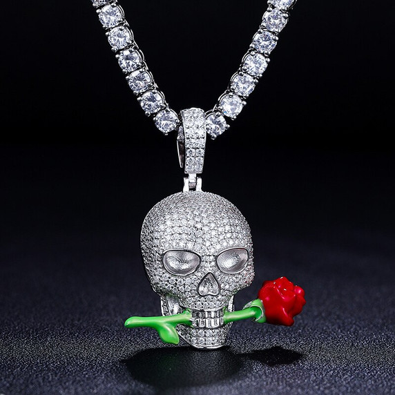 Original Design Genuine VVS Diamond Skull Biting Rose Hip Hop Pendant Chain Necklace