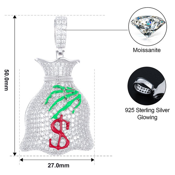 Genuine VVS Lab Diamond Secure The Money Bag Glow in The Dark Skull Hand Hip Hop Chain Pendant