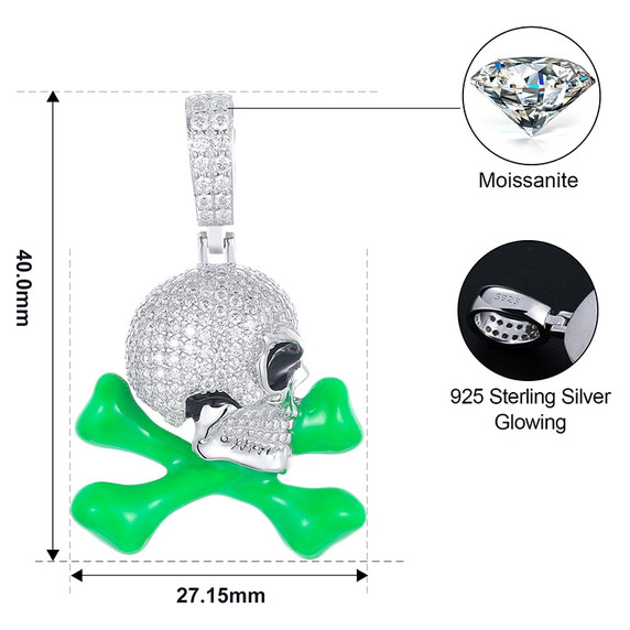 Flooded Ice Glow In Dark Sterling Silver VVS Genuine Lab Diamond Skull And Bones Hip Hop Chain