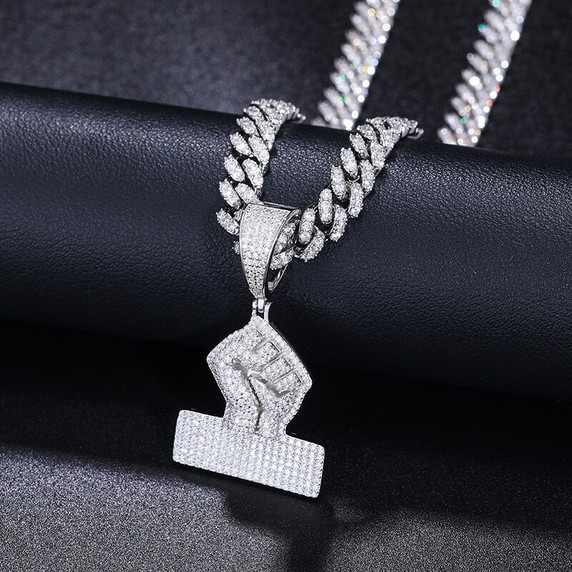 Genuine 925 Sterling Silver VVS Lab Diamond Black Power Fist Hip Hop Chain Necklace