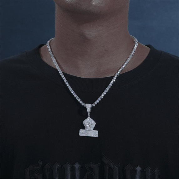 Genuine 925 Sterling Silver VVS Lab Diamond Black Power Fist Hip Hop Chain Necklace