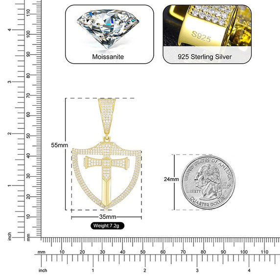 Genuine VVS Lab Diamond Shield Of Faith Cross Solid Sterling Silver Hip Hop Chains