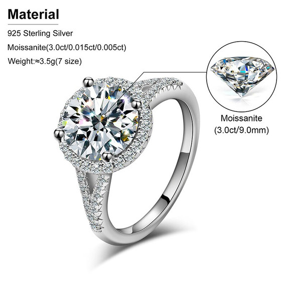 Ladies 3CT Genuine VVS Lab Diamond 9mm Round Cut Double Halo 925 Sterling Silver Rings