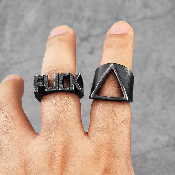 No Fade Stainless Steel Vintage Open Face Unique Black Triangle Street Wear Rings