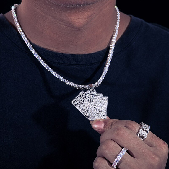 Genuine VVS Diamond Poker Royal Flush Solid Silver Hip Hop Chain Pendant