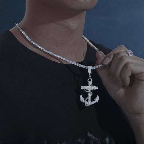 Mens Flooded Ice VVS Diamond Solid 925 Silver Hip Hop Anchor Chain Pendant