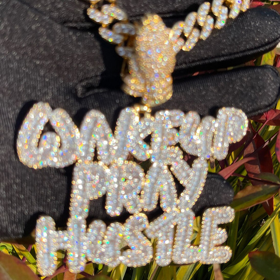 Mens Big Boy Ice Name Plate Wake Up Pray Hustle Hip Hop Chain Pendant