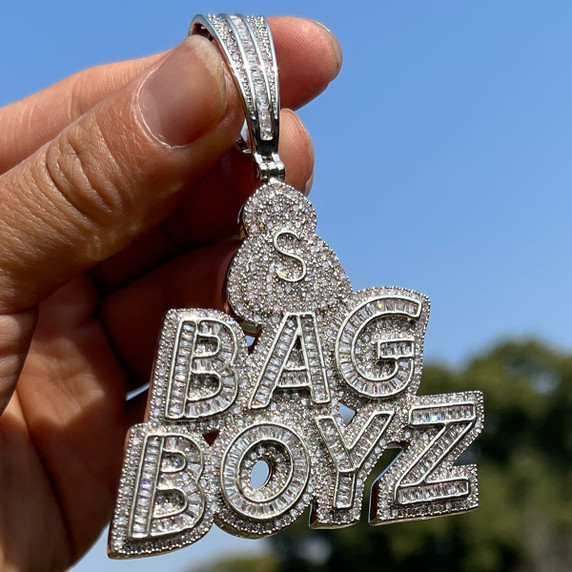 Mens Iced Bag Boyz Blinged Out Round Baguette Stone Hip Hop Chain Pendants