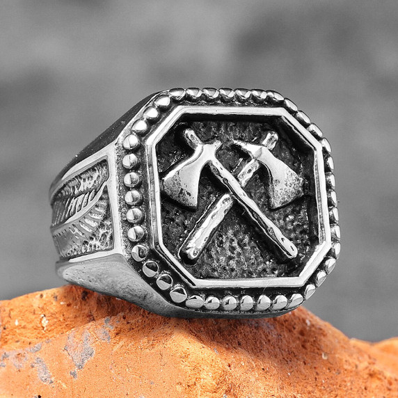 Mens No Fade Stainless Steel Double AXE Street Wear Unique Style Rings