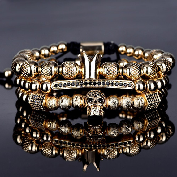  Mens Simulate Diamond Pave Stone Gold Ice Skull Crown Beaded Luxury Bracelets