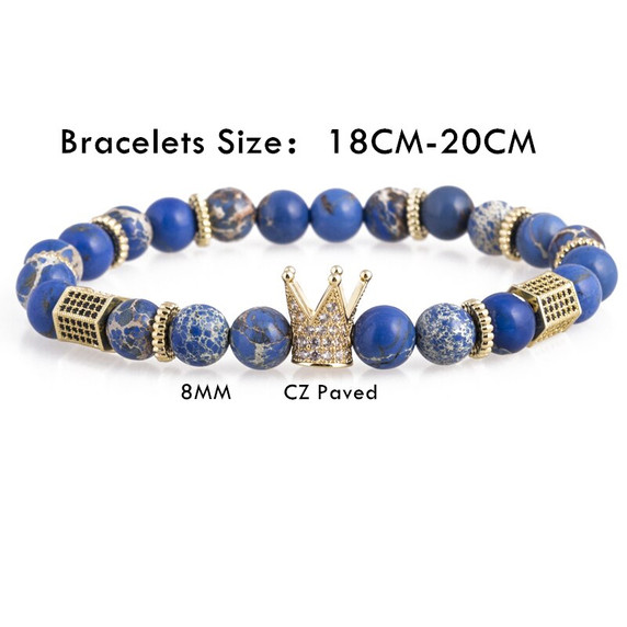 Gold Silver Rose Gold Blue Stone Micro Pave Kings Crown Street Wear Bracelets