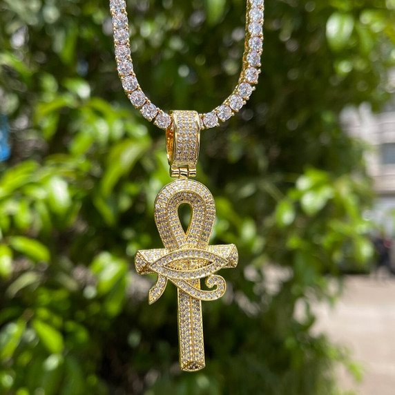 Eye Of Horus | 24k Gold 925 Silver VVS Diamond CZ Ankh Cross Hip Hop Pendant 