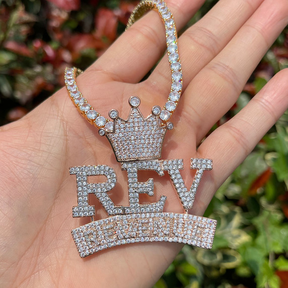 Revenue King | Mens Iced Blinged Out VVS Diamond CZ Crown REV Hip Hop Chain