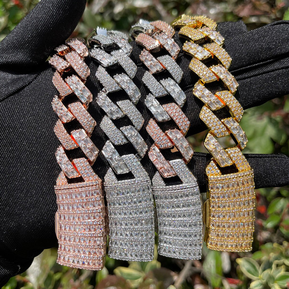 Mens Half Baguette Half Pave Flooded Ice Cuban Link Hip Hop Bracelets