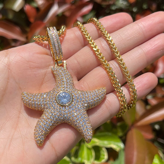 Center Stone Superstar Starfish Flooded Ice Streetwear Hip Hop Pendant Chain Necklaces