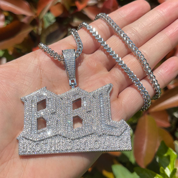 Mens Iced BBL Brothers By Loyalty Blinged Out Hip Hop Name Plate Pendant Chain