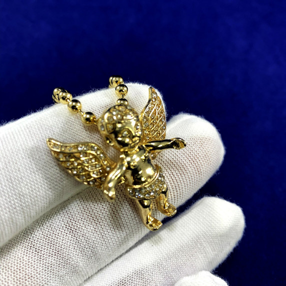 Hip Hop Micro Simulated Diamond 14k Gold Open Arms Angel of Peace Pendant  