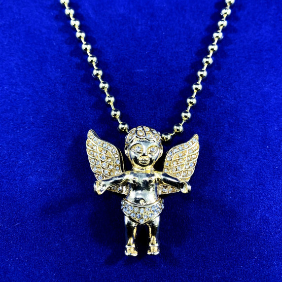 Hip Hop Micro Simulated Diamond 14k Gold Open Arms Angel of Peace Pendant  