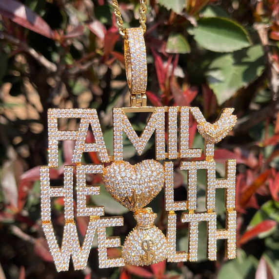 Iced Blinged Out Family Health Wealth Money Bag Heart Hip Hop Pendant