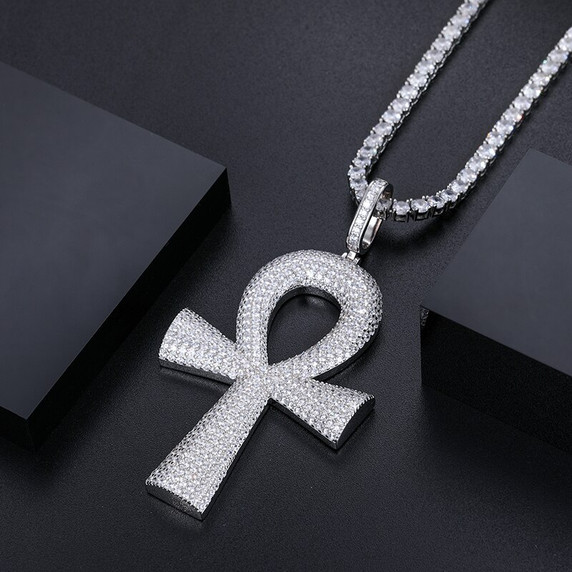 Genuine VVS Diamond Iced Blinged Out Ankh Cross 925 Silver Pendant Chain