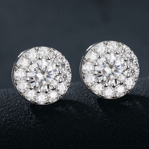 Genuine VVS Diamond Solid 925 Sterling Silver Iced Bling Out Round Stud Earrings