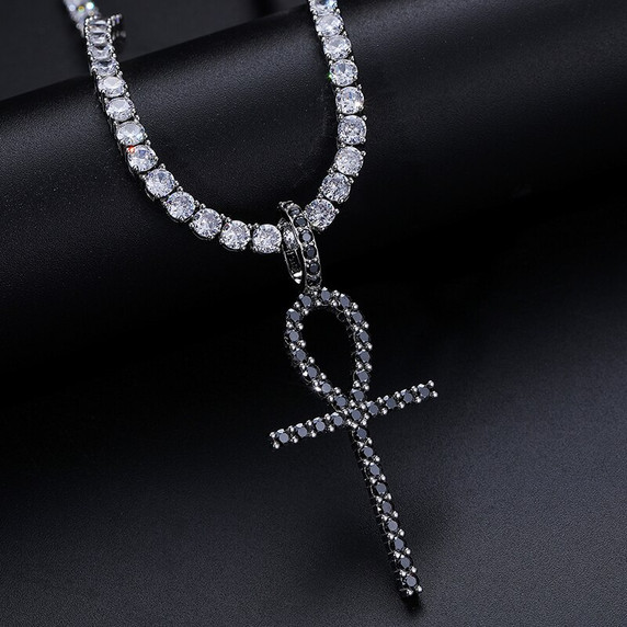 925 Sterling Silver Genuine VVS Black Diamond Hip Hop Ankh Cross Pendant Necklace