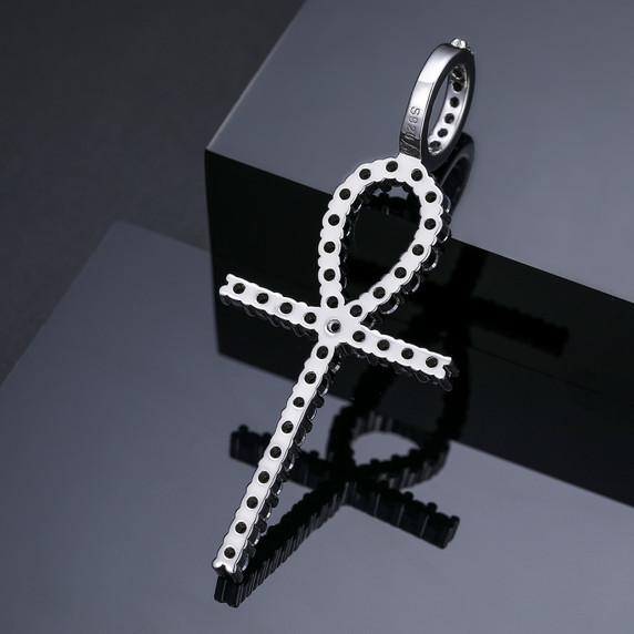 925 Sterling Silver Genuine VVS Black Diamond Hip Hop Ankh Cross Pendant Necklace