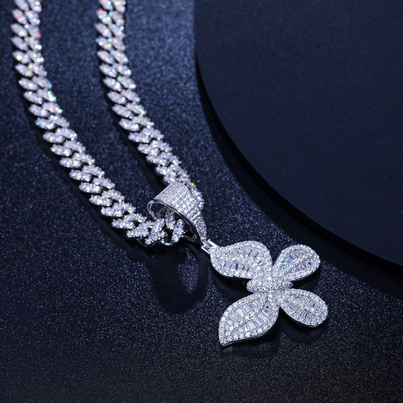 Ladies Delicate Butterfly Genuine VVS Diamond Baguette Solid 925 Iced Blinged Out Pendant