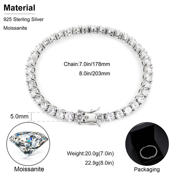 Genuine VVS D Color Solid 925 Sterling Silver Tennis Chain Bracelet Necklaces