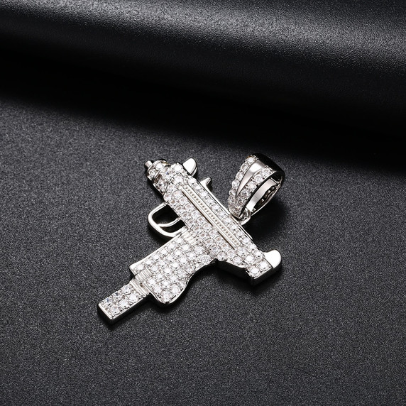 Solid 925 Sterling Silver UZI Machine 5A Diamond Simulate Hip Hop Pendant Chain