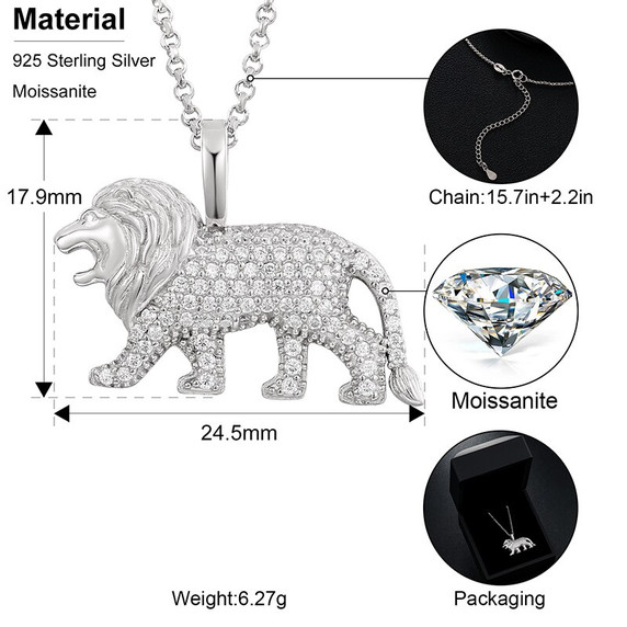 925 Sterling Silver Genuine VVs Diamond Lion Pendant Chain Necklace