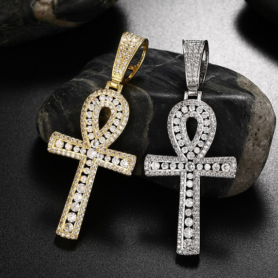 Mens Iced 925 Silver 18k Gold Ancient Ankh Cross Pendant Chain Necklace