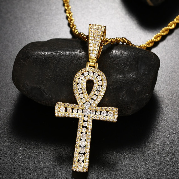 Mens Iced 925 Silver 18k Gold Ancient Ankh Cross Pendant Chain Necklace