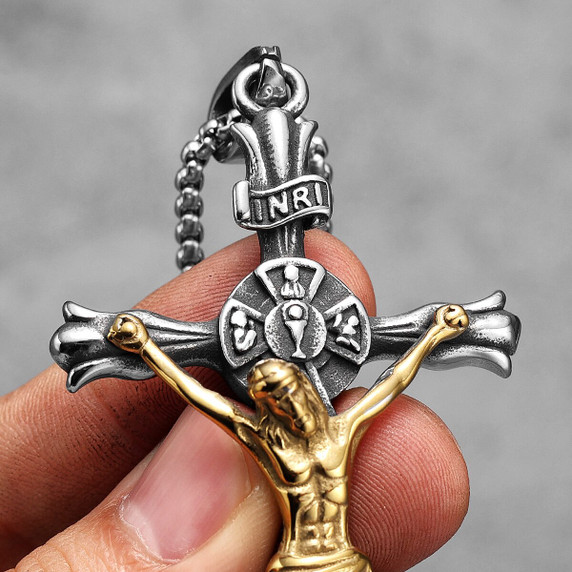 INRI Solid No Fade Solid Stainless Steel Jesus Passion Cross Pendant Chain Necklace 